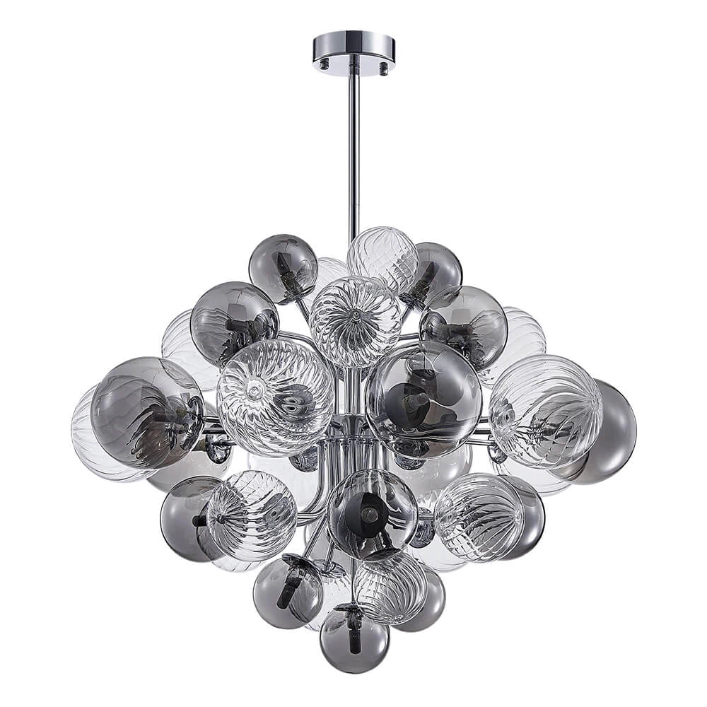 Large Cluster Bubble Chandelier Smoke Glass and Swirl Ribbed Glass Globes Pendant Light