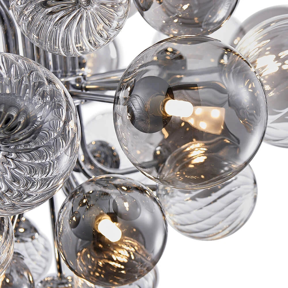 Large Cluster Bubble Chandelier Smoke Glass and Swirl Ribbed Glass Globes Pendant Light