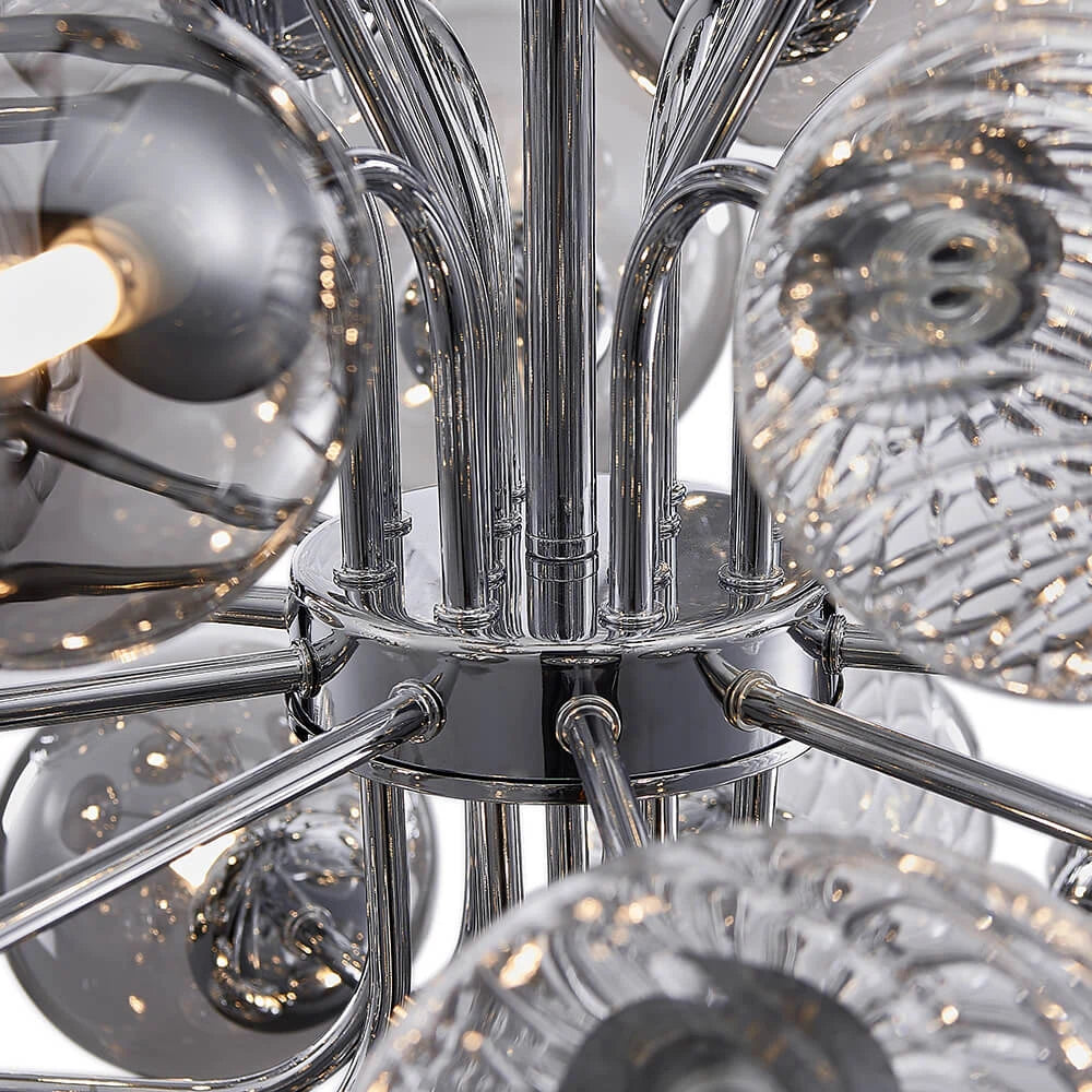 Large Cluster Bubble Chandelier Smoke Glass and Swirl Ribbed Glass Globes Pendant Light