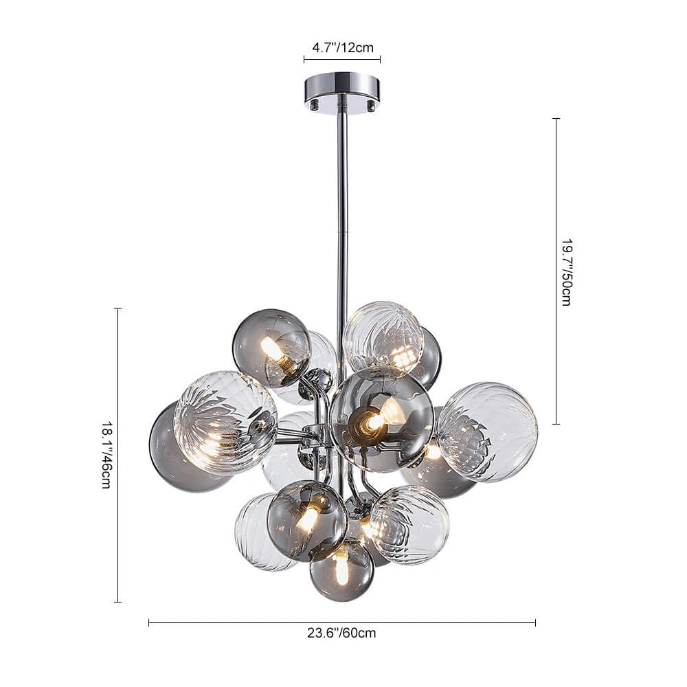 Large Cluster Bubble Chandelier Smoke Glass and Swirl Ribbed Glass Globes Pendant Light