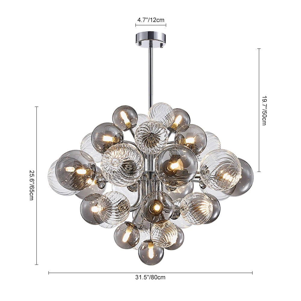 Large Cluster Bubble Chandelier Smoke Glass and Swirl Ribbed Glass Globes Pendant Light