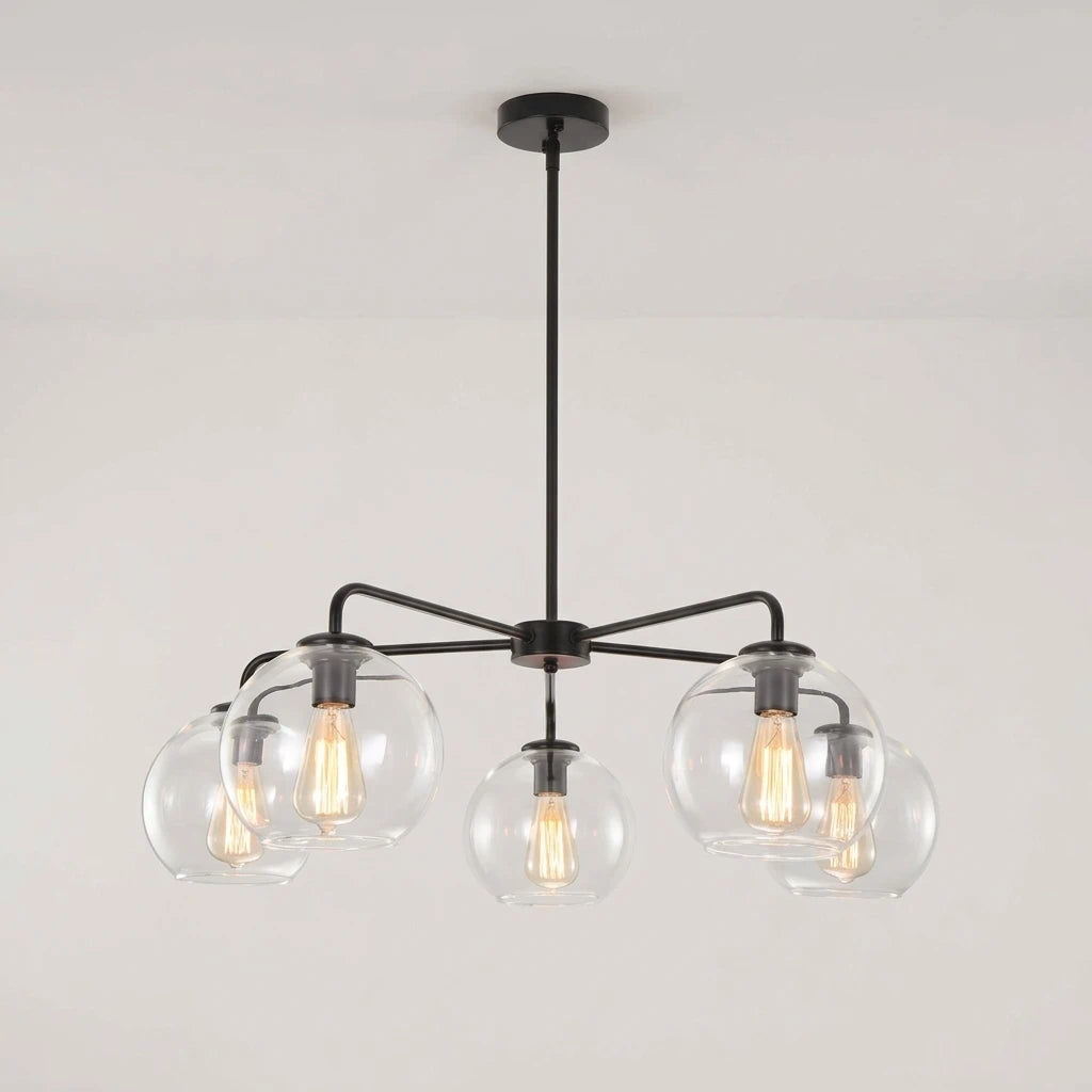 Mid-Century Sputnik 5-Light Chandelier Clear Round Globe Bubble Glass Chandelier