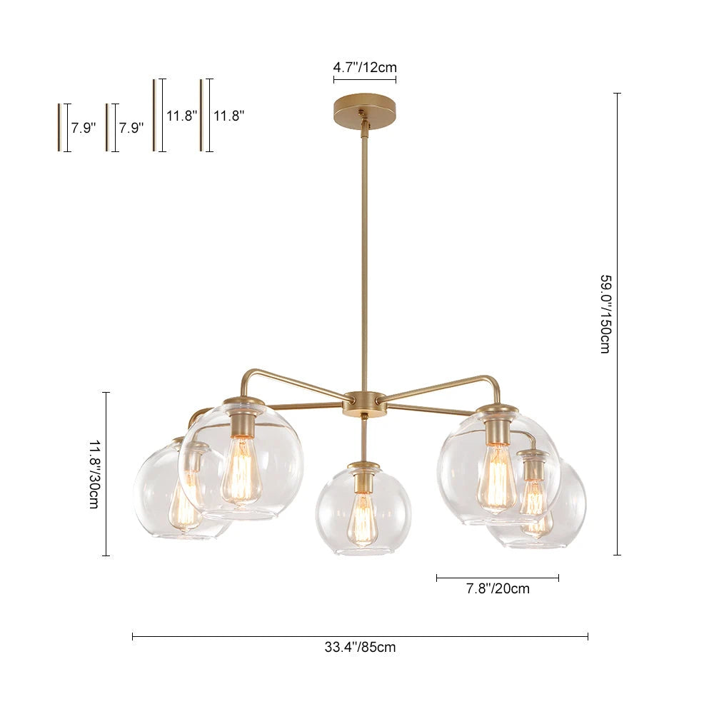 Mid-Century Sputnik 5-Light Chandelier Clear Round Globe Bubble Glass Chandelier