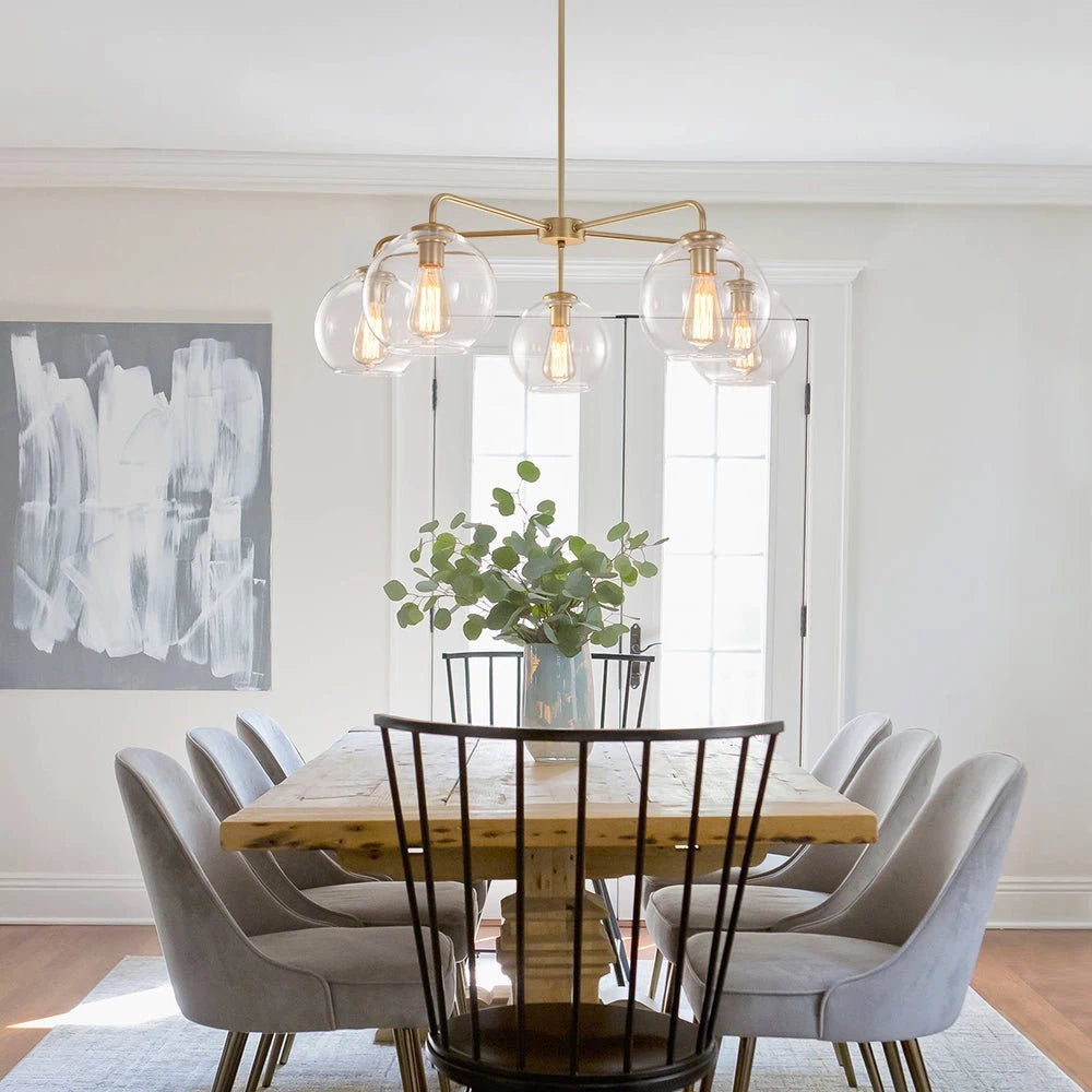 Mid-Century Sputnik 5-Light Chandelier Clear Round Globe Bubble Glass Chandelier
