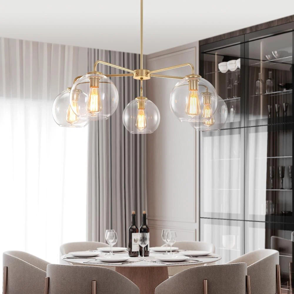 Mid-Century Sputnik 5-Light Chandelier Clear Round Globe Bubble Glass Chandelier
