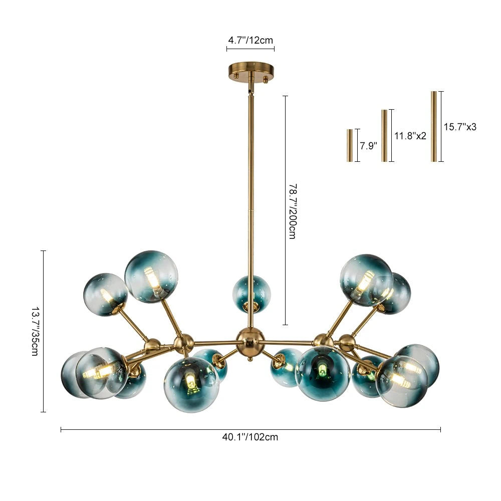 15-Light Blue Glass Globe Bubble Sputnik Branch Chandelier Modern Mid-Century Pendant Light