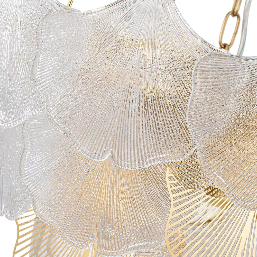 French Tiered Transparent Ginkgo Leaf Glass Chandelier Elegant Botanical Textured Glass Art Pendant Light