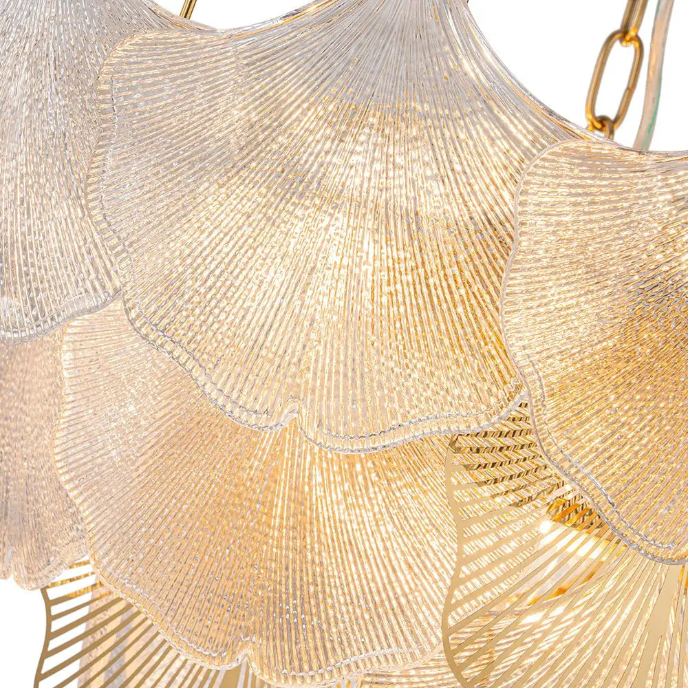 French Tiered Transparent Ginkgo Leaf Glass Chandelier Elegant Botanical Textured Glass Art Pendant Light