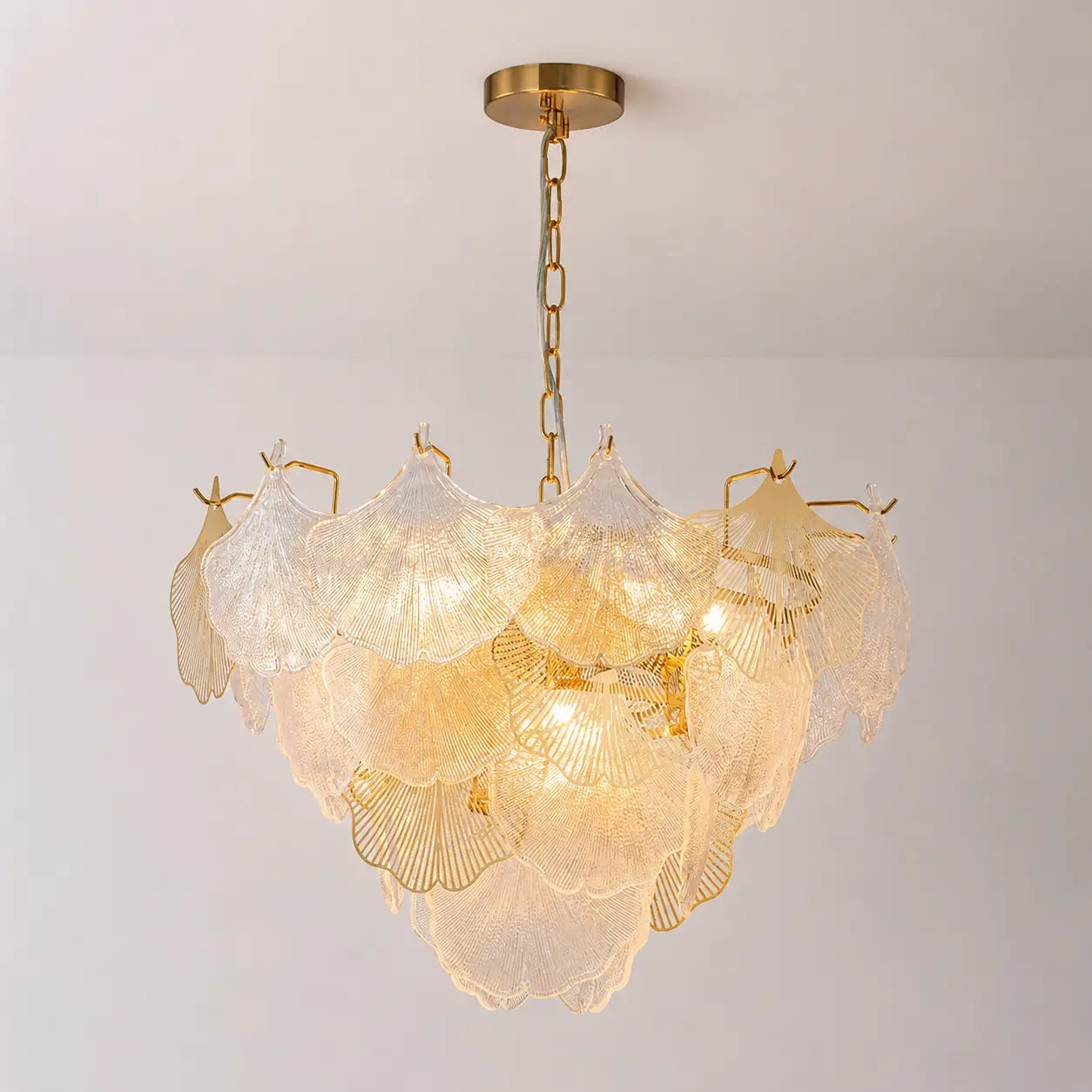 French Tiered Transparent Ginkgo Leaf Glass Chandelier Elegant Botanical Textured Glass Art Pendant Light