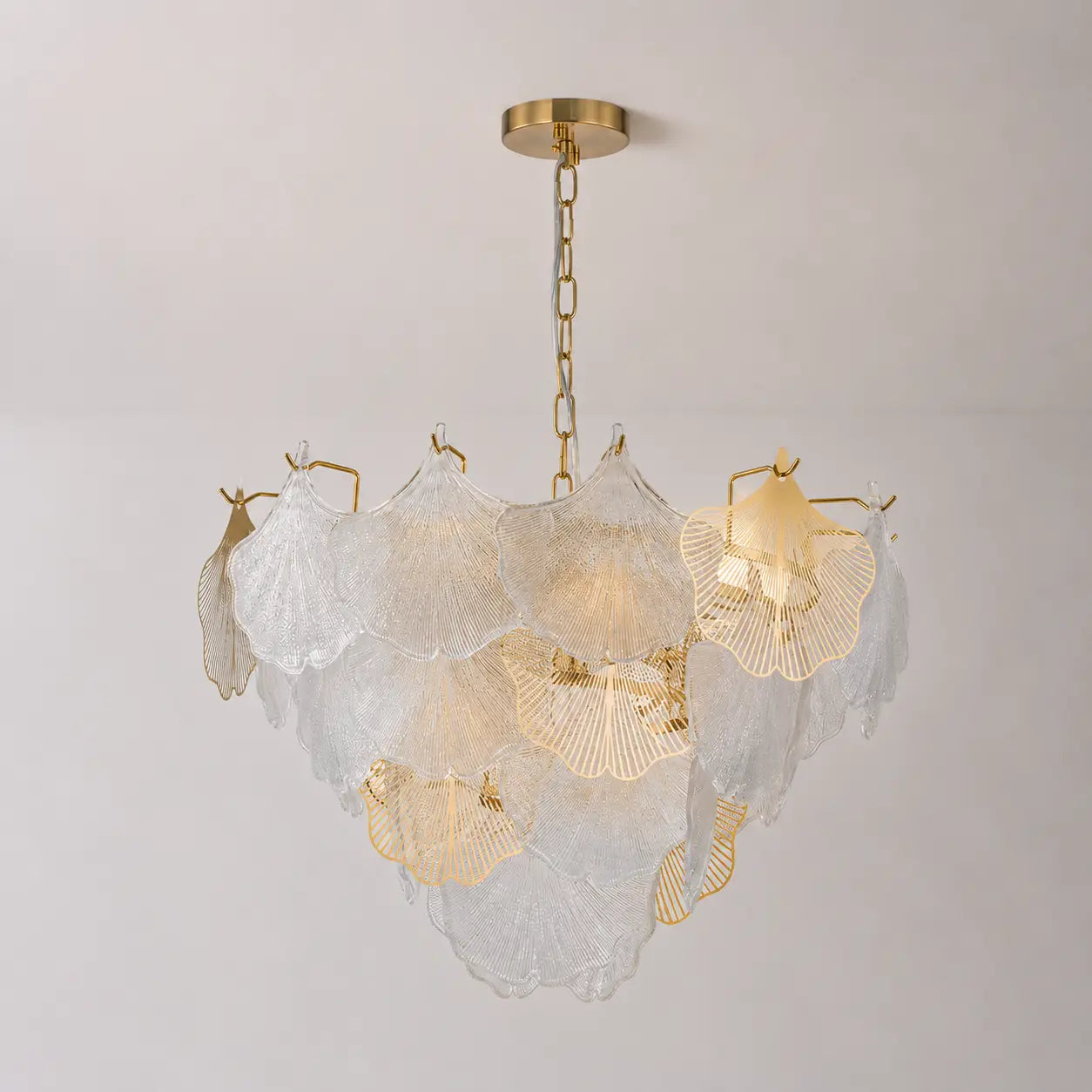 French Tiered Transparent Ginkgo Leaf Glass Chandelier Elegant Botanical Textured Glass Art Pendant Light
