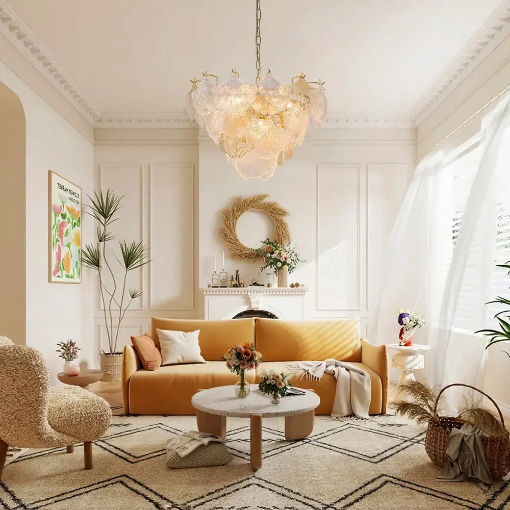 French Tiered Transparent Ginkgo Leaf Glass Chandelier Elegant Botanical Textured Glass Art Pendant Light