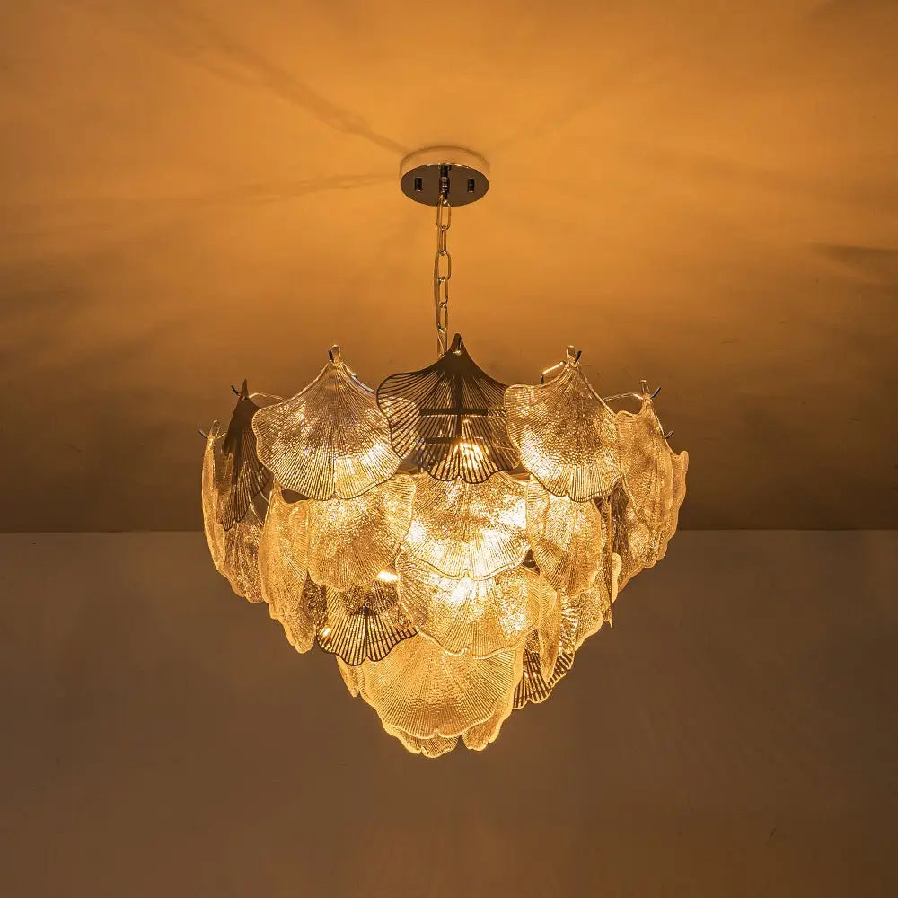French Tiered Transparent Ginkgo Leaf Glass Chandelier Elegant Botanical Textured Glass Art Pendant Light