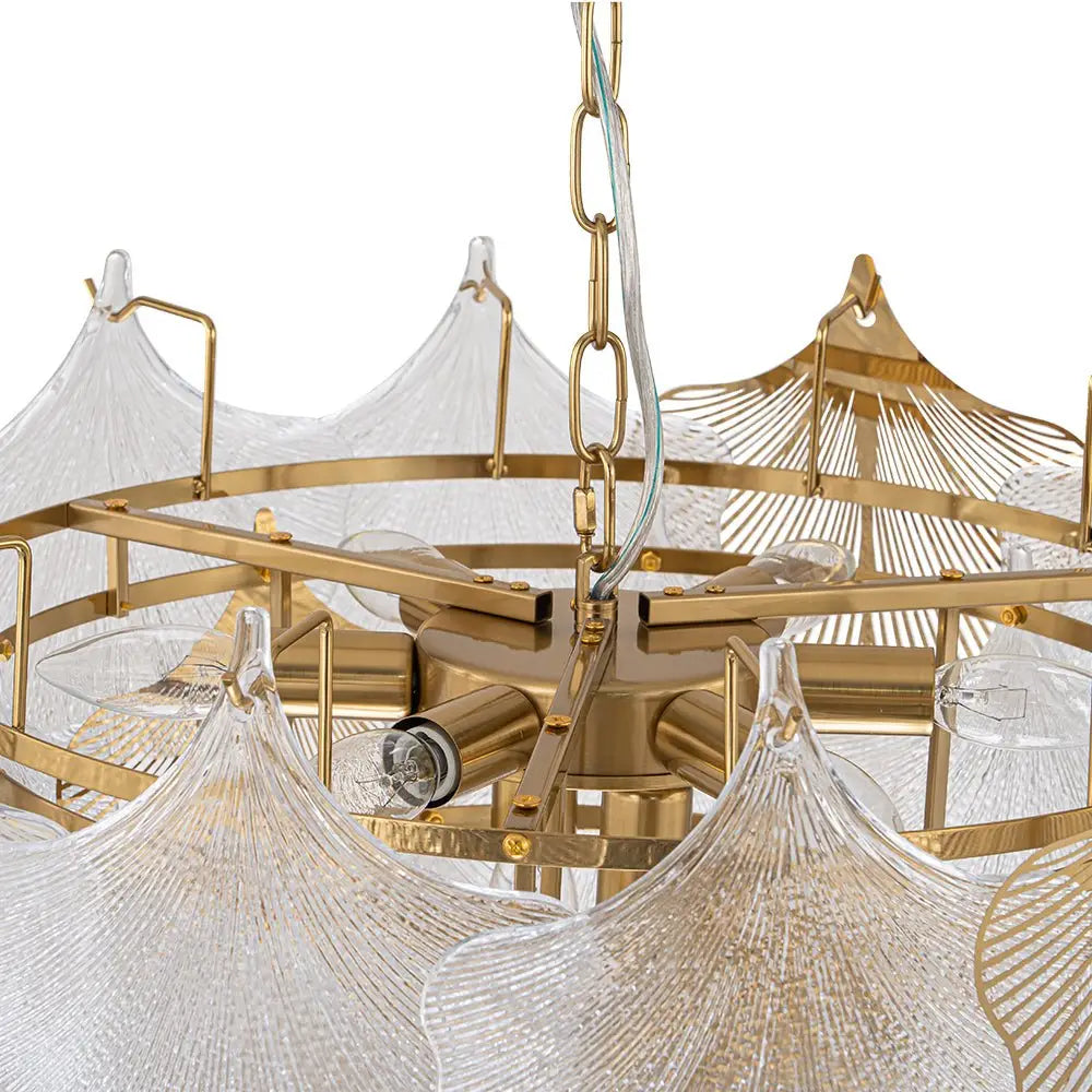 French Tiered Transparent Ginkgo Leaf Glass Chandelier Elegant Botanical Textured Glass Art Pendant Light