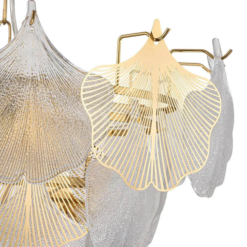 French Tiered Transparent Ginkgo Leaf Glass Chandelier Elegant Botanical Textured Glass Art Pendant Light