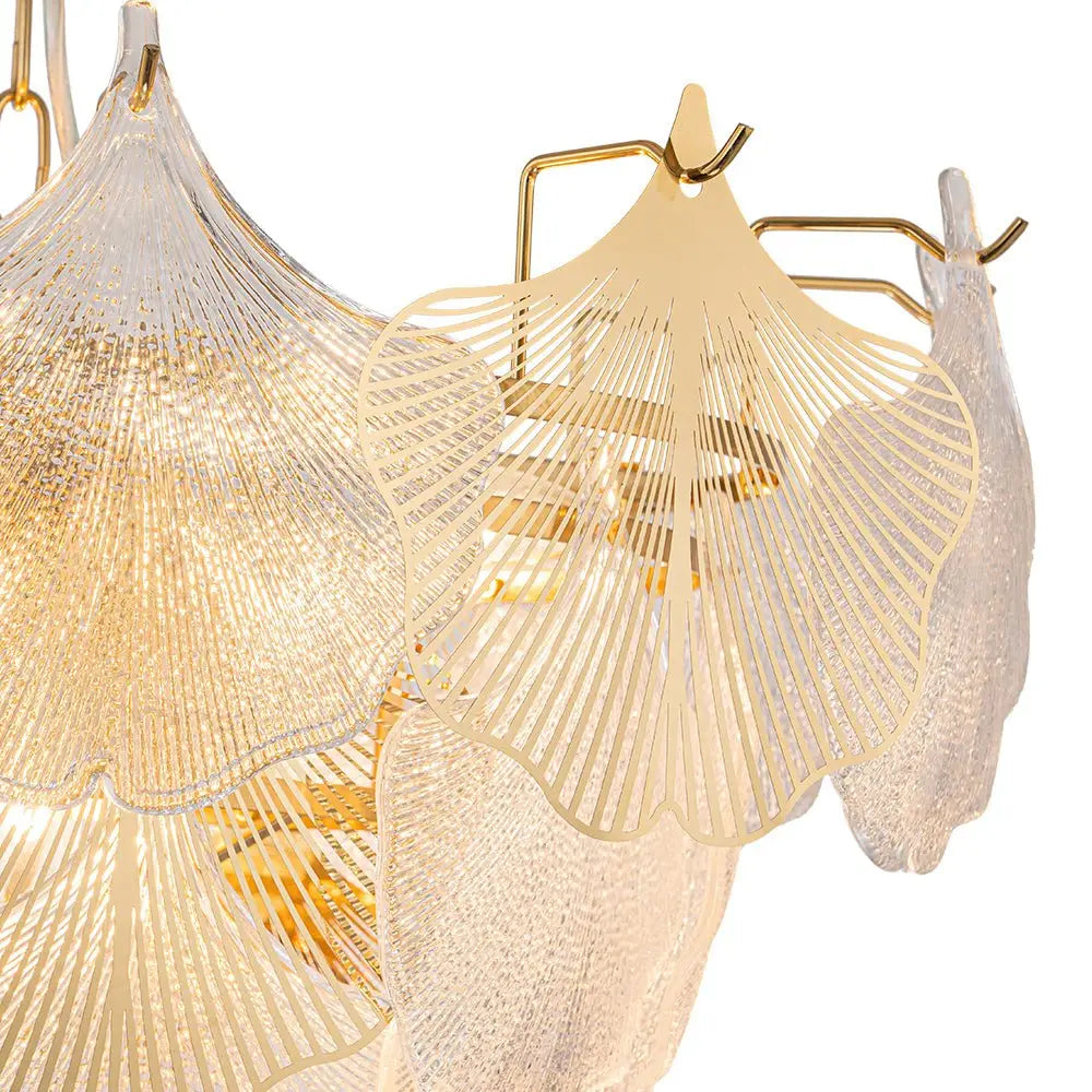 French Tiered Transparent Ginkgo Leaf Glass Chandelier Elegant Botanical Textured Glass Art Pendant Light