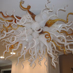 Amber & White Murano Style Blown Glass Ceiling Light Sculptural Organic Semi-Flush Mount Chandelier