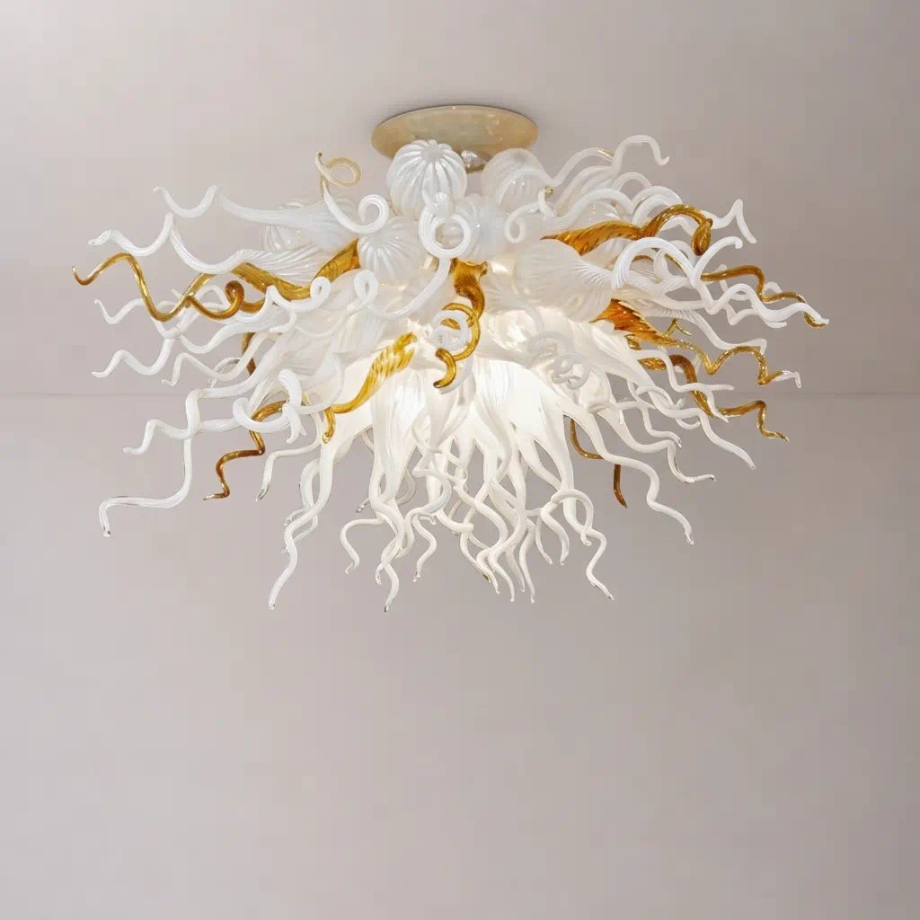 Amber & White Murano Style Blown Glass Ceiling Light Sculptural Organic Semi-Flush Mount Chandelier