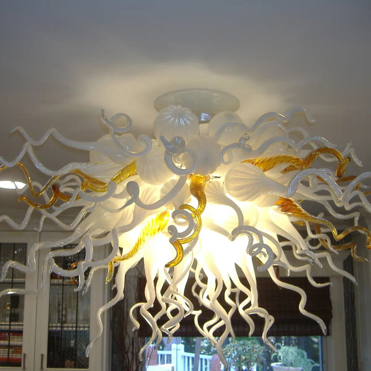 Amber & White Murano Style Blown Glass Ceiling Light Sculptural Organic Semi-Flush Mount Chandelier