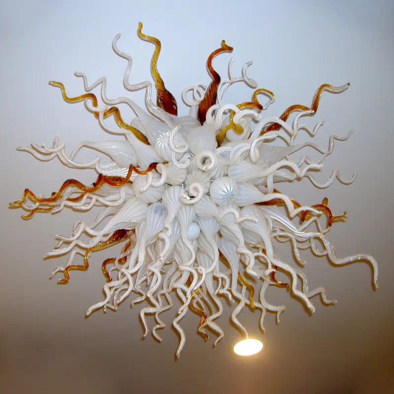 Amber & White Murano Style Blown Glass Ceiling Light Sculptural Organic Semi-Flush Mount Chandelier