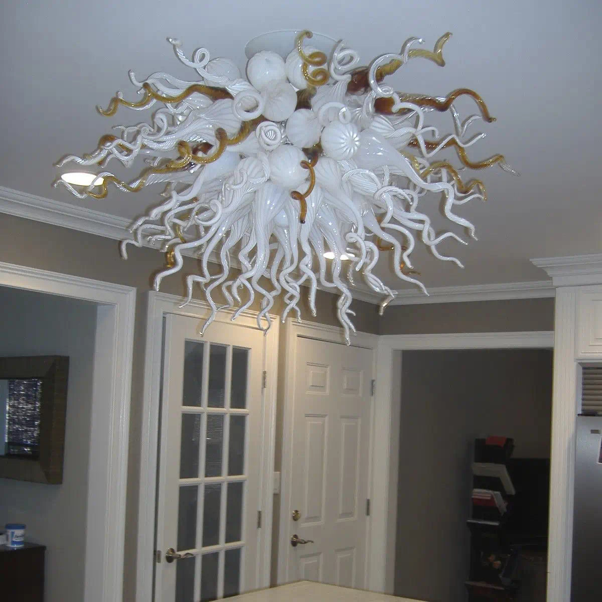 Amber & White Murano Style Blown Glass Ceiling Light Sculptural Organic Semi-Flush Mount Chandelier
