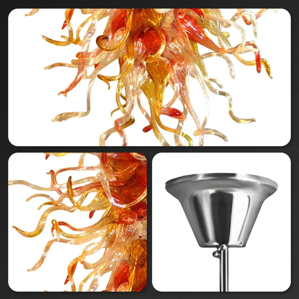 Large Orange & Amber Flame Art Glass Chandelier Chihuly-Style Sun Flare Hand-Blown Glass Pendant light