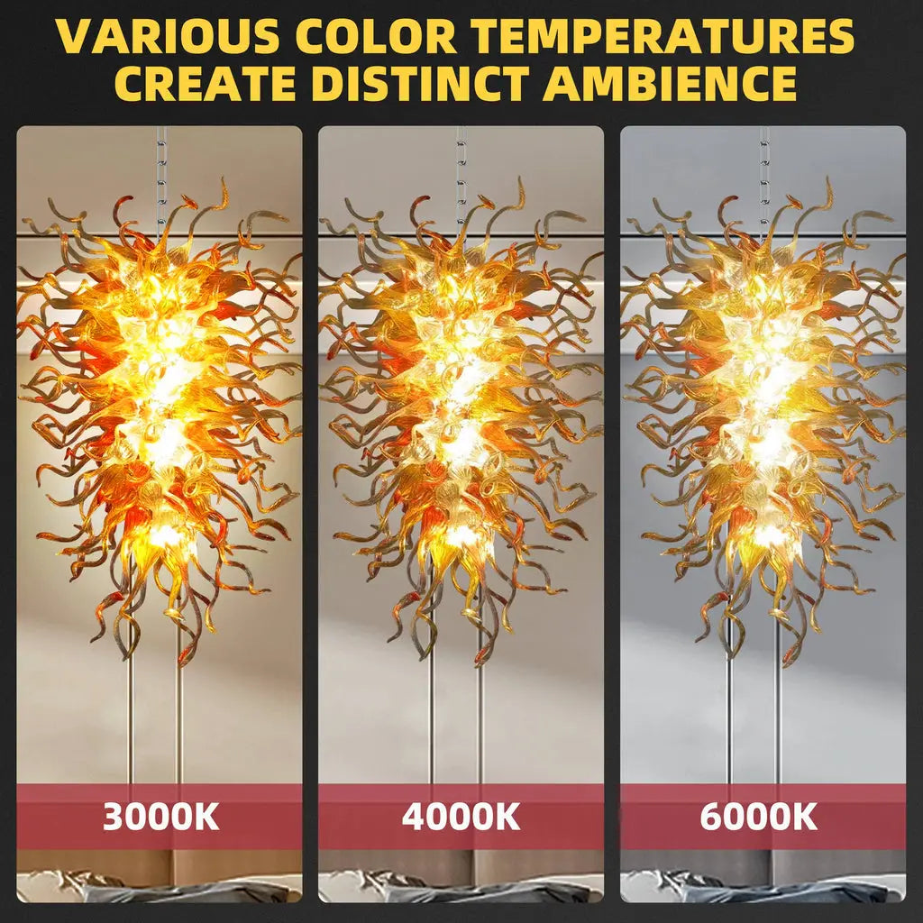 Large Orange & Amber Flame Art Glass Chandelier Chihuly-Style Sun Flare Hand-Blown Glass Pendant light