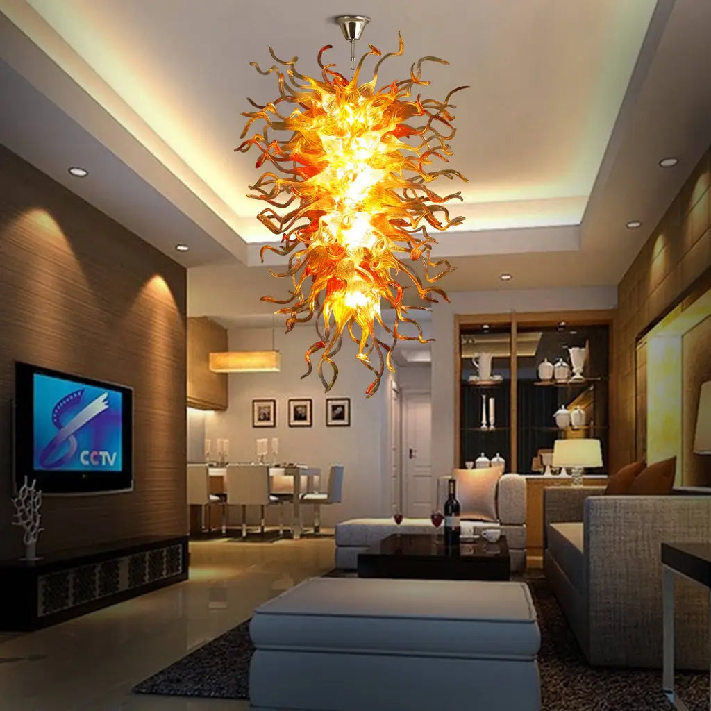 Large Orange & Amber Flame Art Glass Chandelier Chihuly-Style Sun Flare Hand-Blown Glass Pendant light