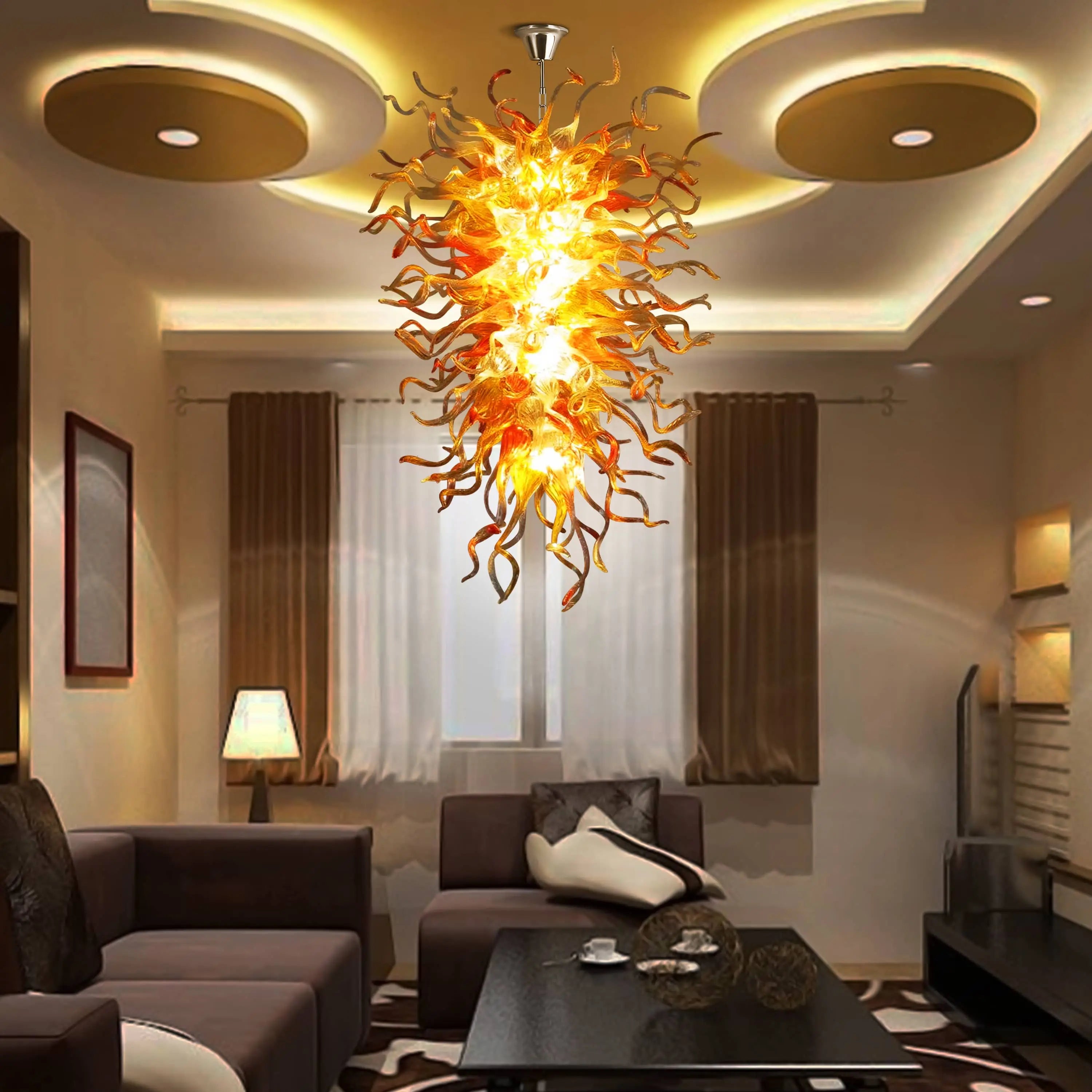 Large Orange & Amber Flame Art Glass Chandelier Chihuly-Style Sun Flare Hand-Blown Glass Pendant light