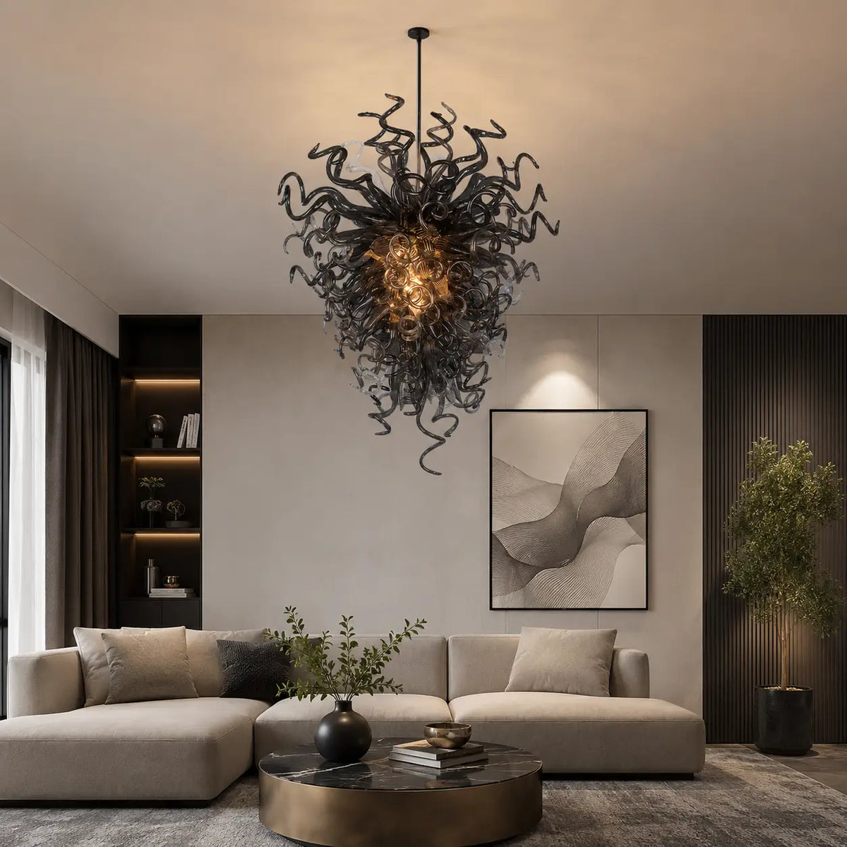 Smoke Grey Hand-Blown Glass Art Chandelier Stormy Nebula Organic Glass Sculptural Pendant Light
