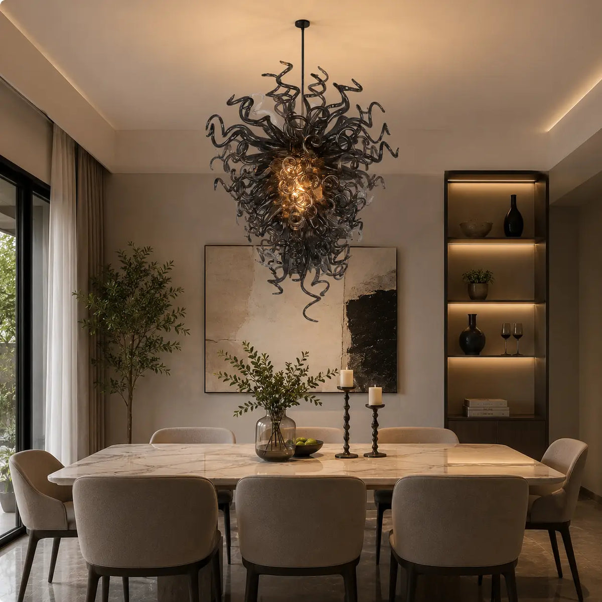 Smoke Grey Hand-Blown Glass Art Chandelier Stormy Nebula Organic Glass Sculptural Pendant Light