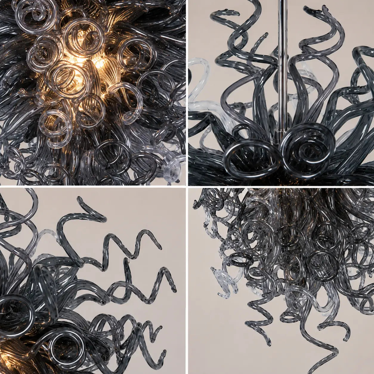 Smoke Grey Hand-Blown Glass Art Chandelier Stormy Nebula Organic Glass Sculptural Pendant Light