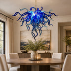 Ocean-Inspired Sapphire and Aqua Hand-Blown Glass Chandelier Artisan Coastal Statement Pendant Light