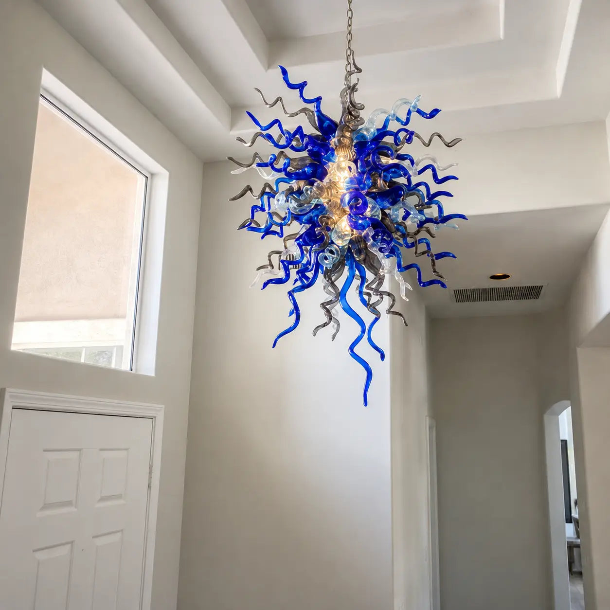 Blown Twisted Glass Art Chandelier Sapphire Blue Soft Aqua and Grey Sculptural Pendant Light