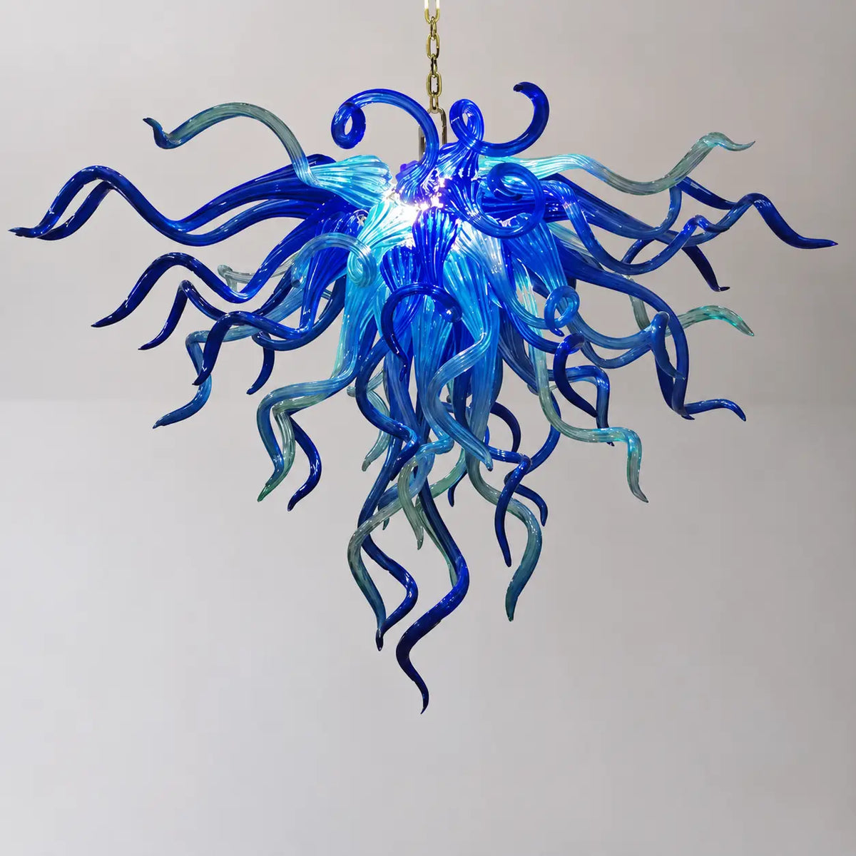 Ocean-Inspired Sapphire and Aqua Hand-Blown Glass Chandelier Artisan Coastal Statement Pendant Light