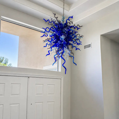 Blown Twisted Glass Art Chandelier Sapphire Blue Soft Aqua and Grey Sculptural Pendant Light