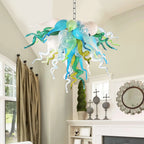 Blue White Green Artisan Blown Glass Chandelier Handcrafted Sculptural Pendant Light with Colorful Glass Accents