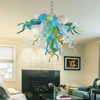 Blue White Green Artisan Blown Glass Chandelier Handcrafted Sculptural Pendant Light with Colorful Glass Accents