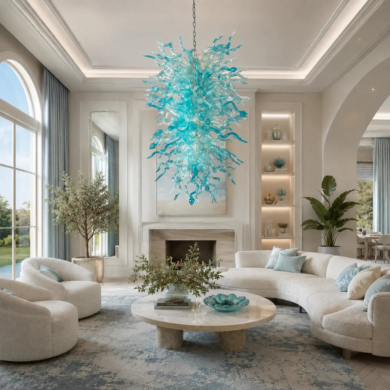 Artisan Blue Seaweed Blown Glass Chandelier Handcrafted Sculptural Pendant Light