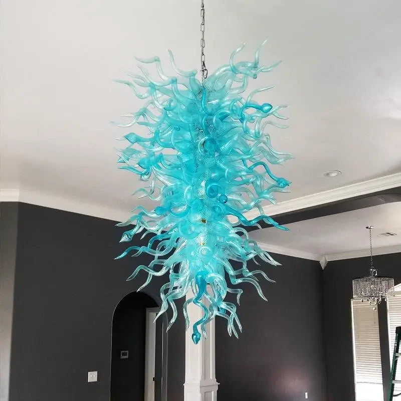 Artisan Blue Seaweed Blown Glass Chandelier Handcrafted Sculptural Pendant Light