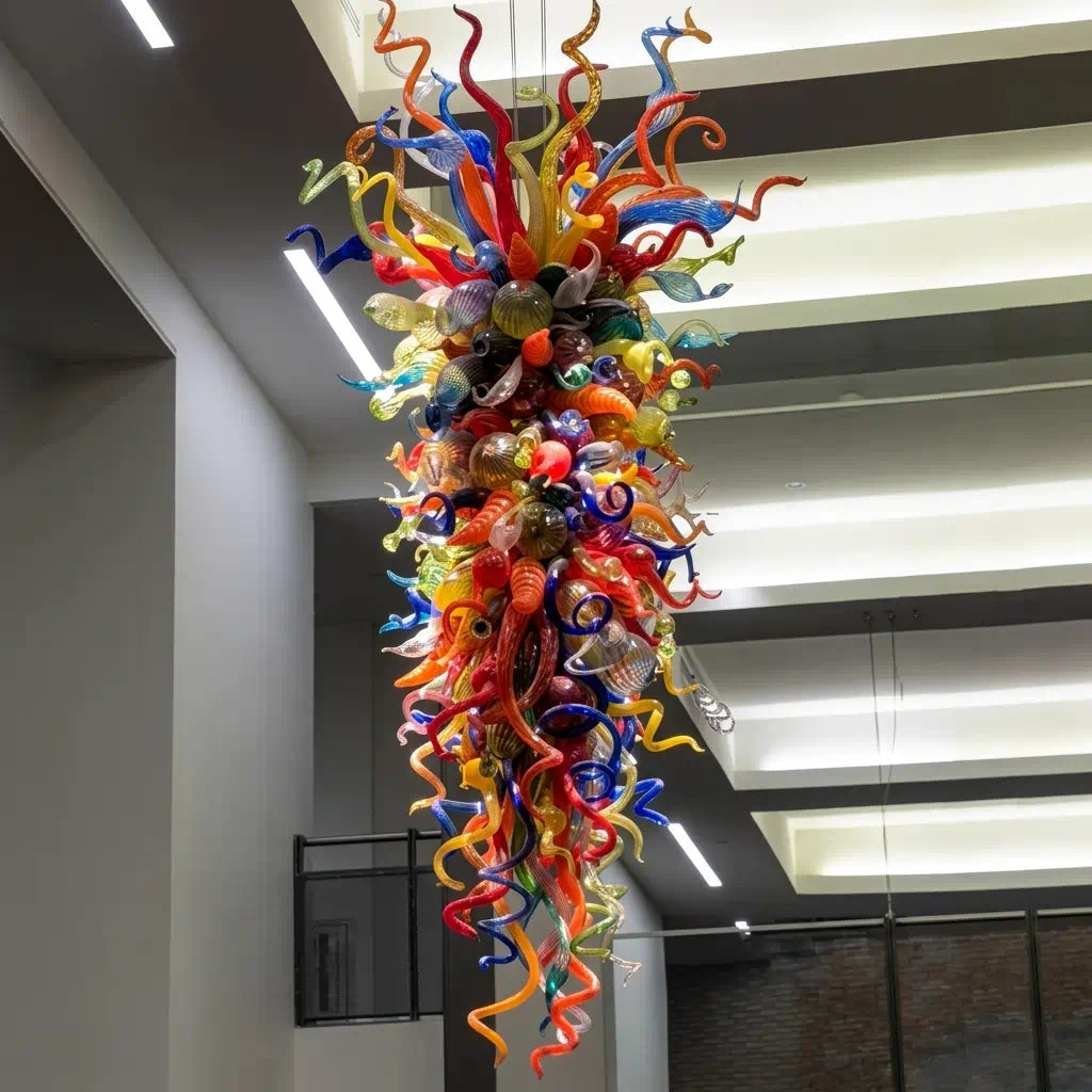 Large Multi-Color Blown Glass Chandelier Giant Vertical Colorful Murano Style Pendant Light Grand Carnival