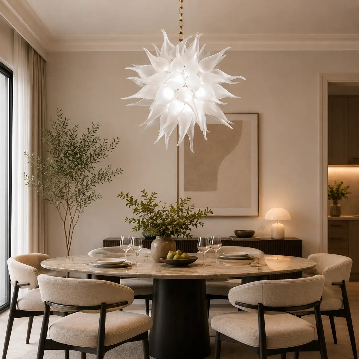 Modern White Sea Urchin Blown Glass Chandelier Sputnik Starburst Handmade Frosted Glass Pendant Light