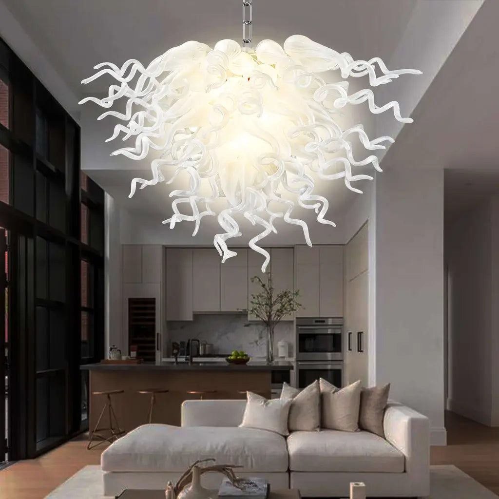 Minimalist Pure White Blown Glass Art Chandelier Modern Glass Sculptural Pendant Light