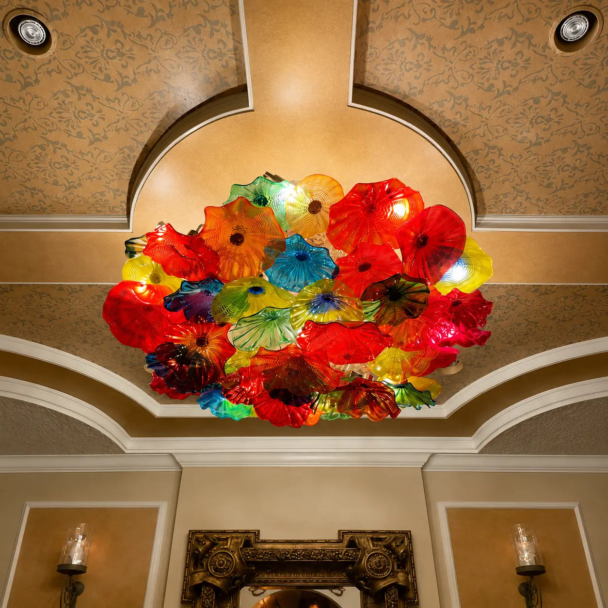 Large Murano-Style Glass Plate Chandelier Colorful Vibrant Lotus Floral Disc Pendant Light