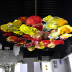Large Murano-Style Glass Plate Chandelier Colorful Vibrant Lotus Floral Disc Pendant Light