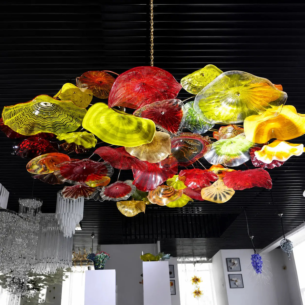 Large Murano-Style Glass Plate Chandelier Colorful Vibrant Lotus Floral Disc Pendant Light