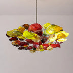 Large Murano-Style Glass Plate Chandelier Colorful Vibrant Lotus Floral Disc Pendant Light