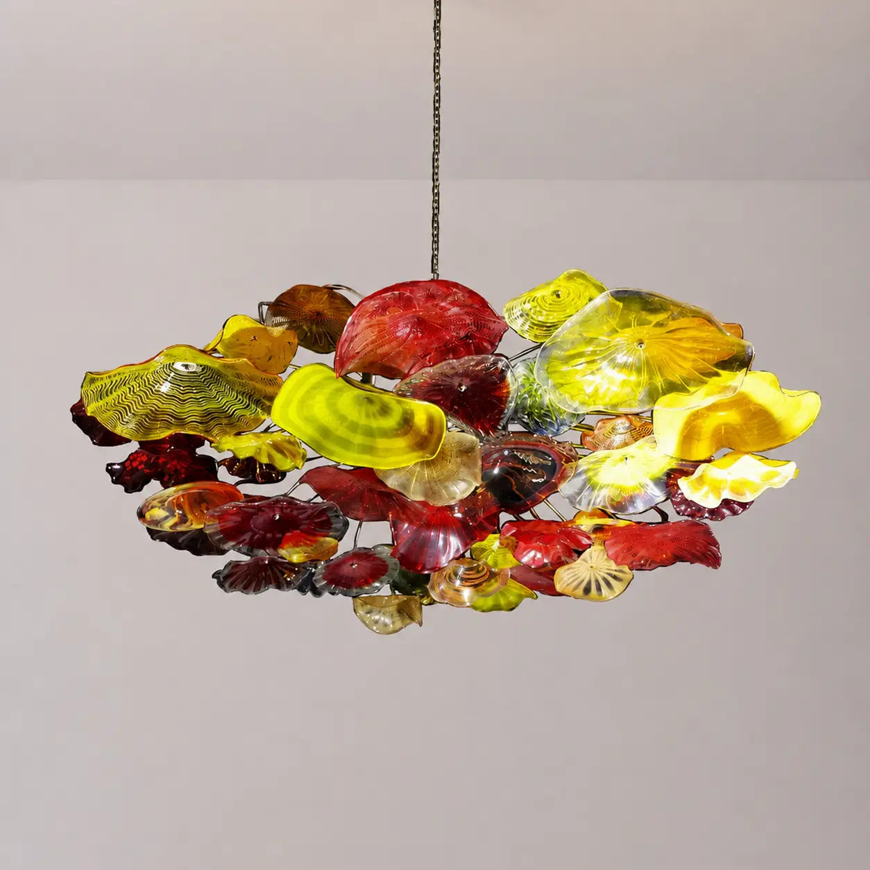 Large Murano-Style Glass Plate Chandelier Colorful Vibrant Lotus Floral Disc Pendant Light