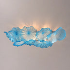 Large Blue Murano-Style Glass Lotus Plate Ceiling Light Sculptural Floral Disc Chandelier