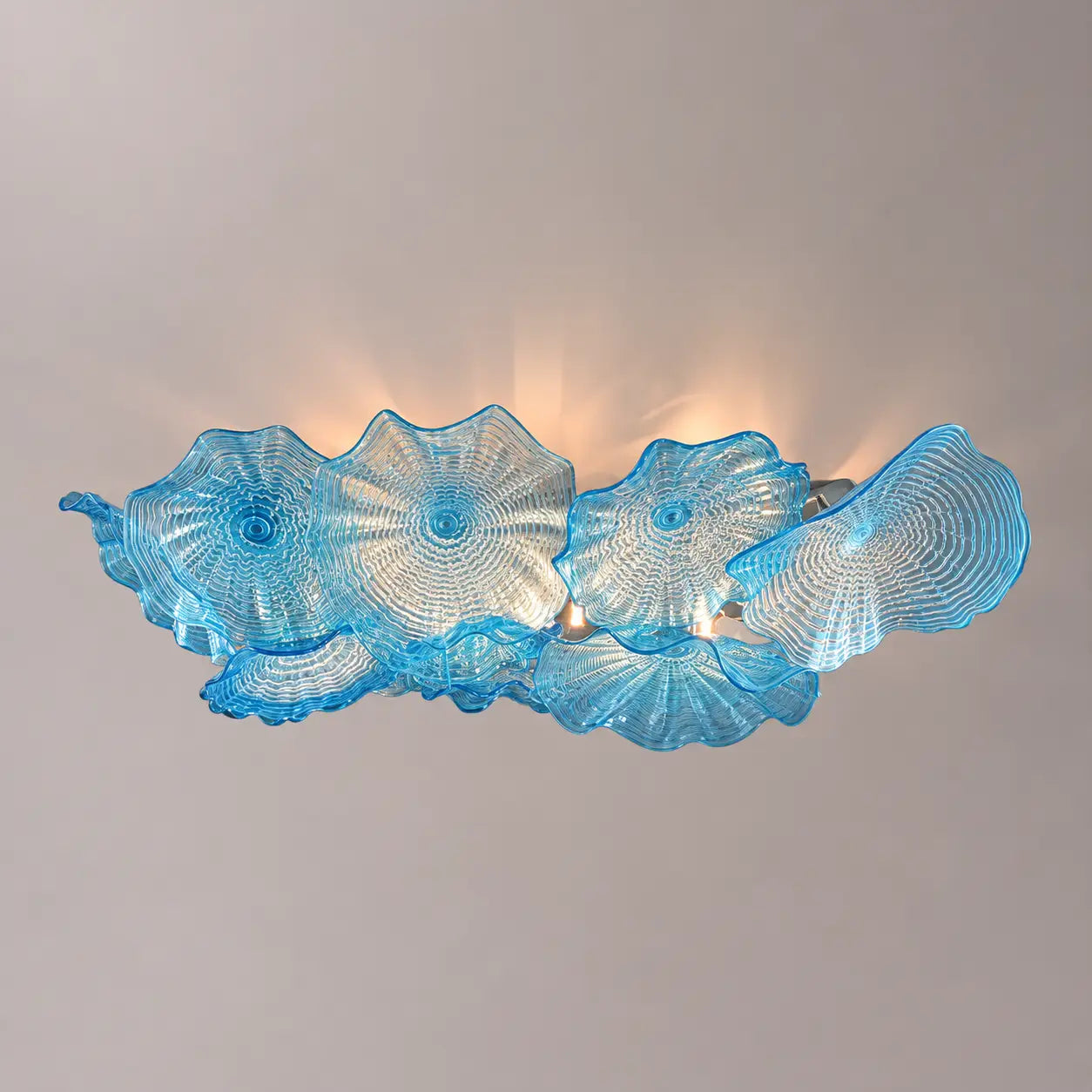 Large Blue Murano-Style Glass Lotus Plate Ceiling Light Sculptural Floral Disc Chandelier