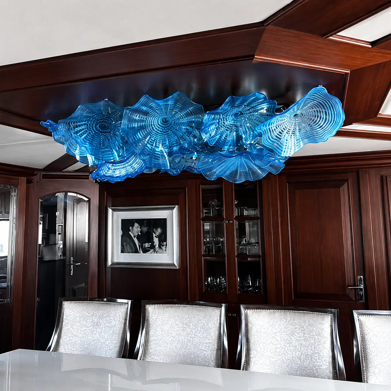 Large Blue Murano-Style Glass Lotus Plate Ceiling Light Sculptural Floral Disc Chandelier